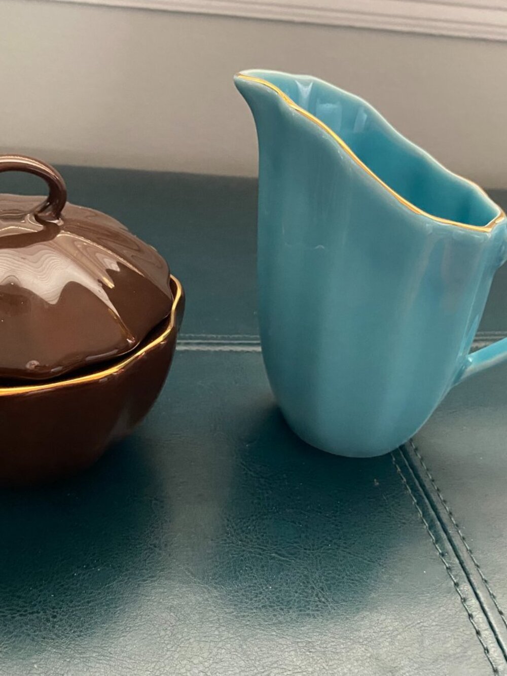 Lenox Kate Spade Gwinnett Lane Chocolate Sugar Bowl + Turquoise Creamer Set